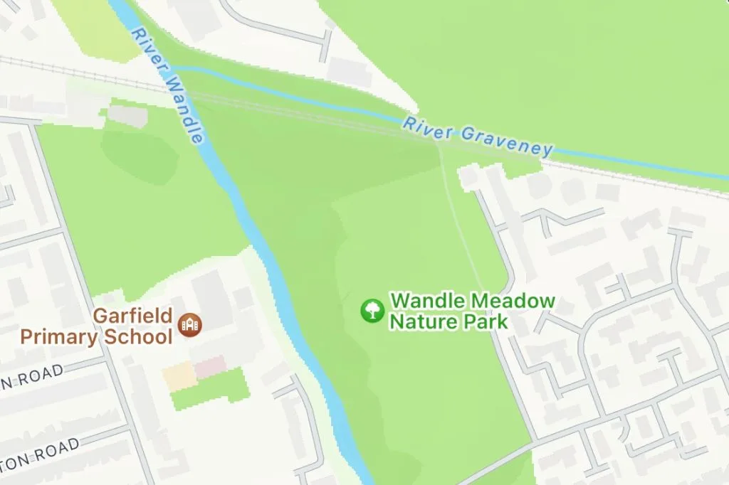 Map showing where the River Graveney meets the River Wandle