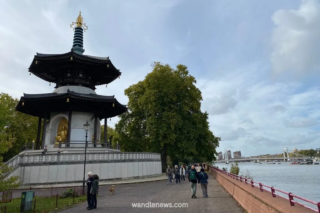 London Peace Pagoda with Albert Bridge behind