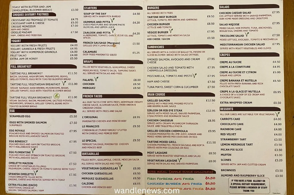 Tartine Artisanal Menu