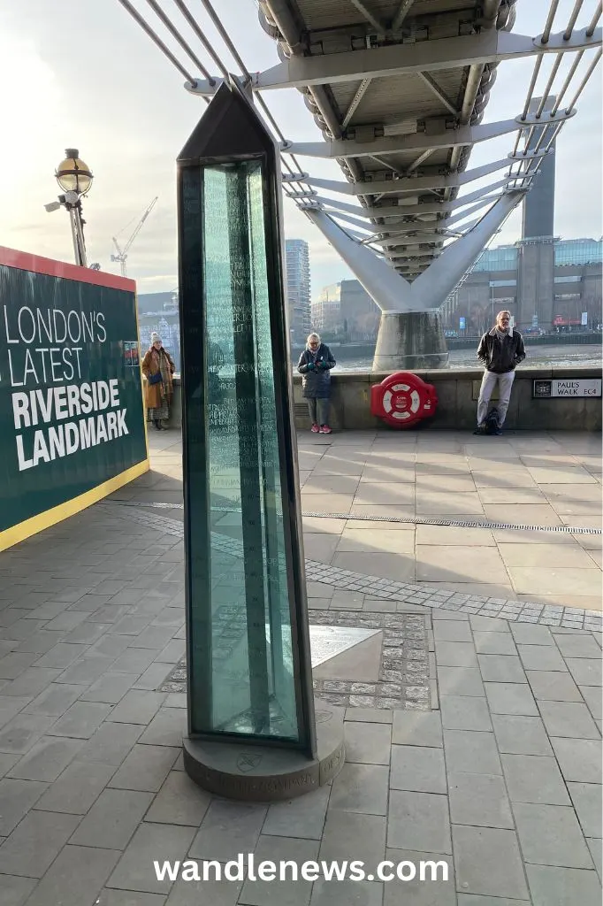 glass obelisk under Millennium Bridge, on the North Bank