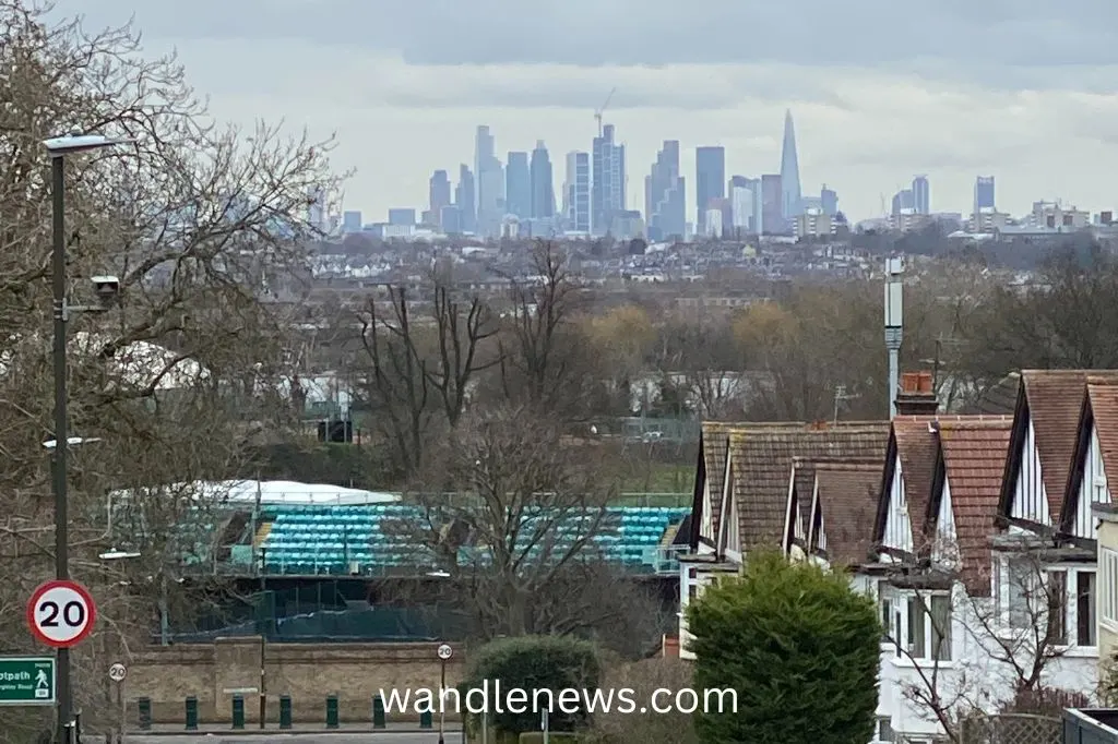 View of Wimbledon Tennis courts with The City in the background. Photo taken on Marryat Road.