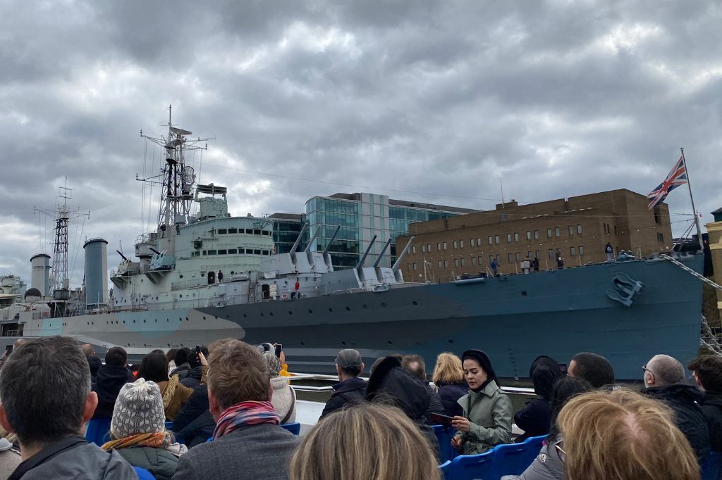 View of HMS Belfast from the boat