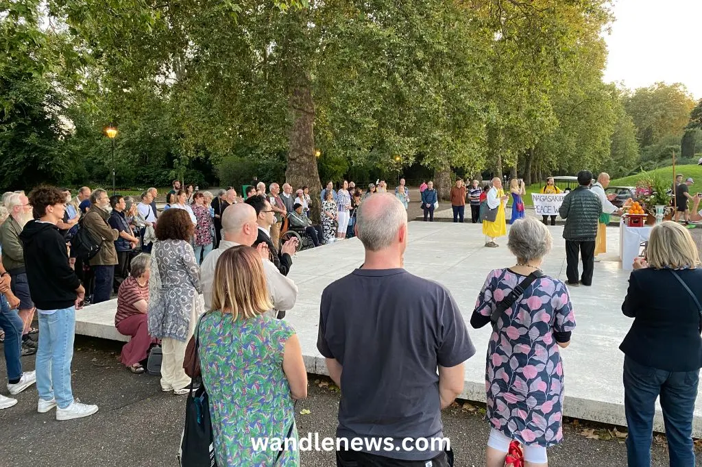 Ceremony in front of the London Peace Pagoda on Nagasaki Day