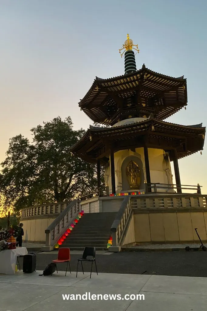 Lanterns at the Peace Pagoda at sunset