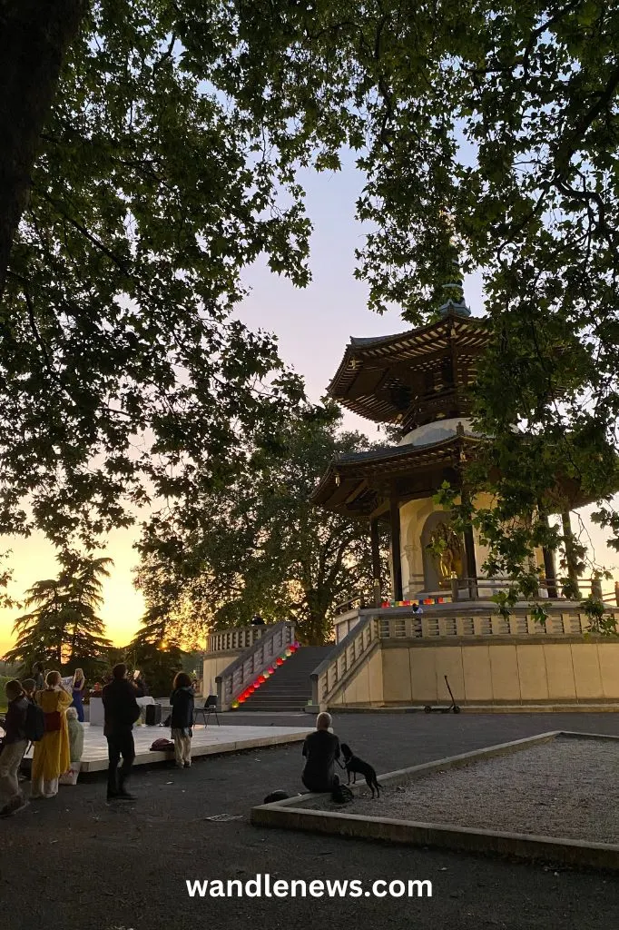 Lanterns at the Peace Pagoda at sunset