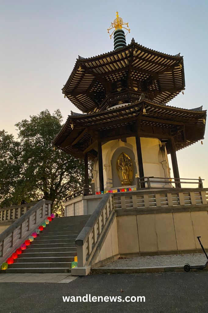 Lanterns at the Peace Pagoda at sunset
