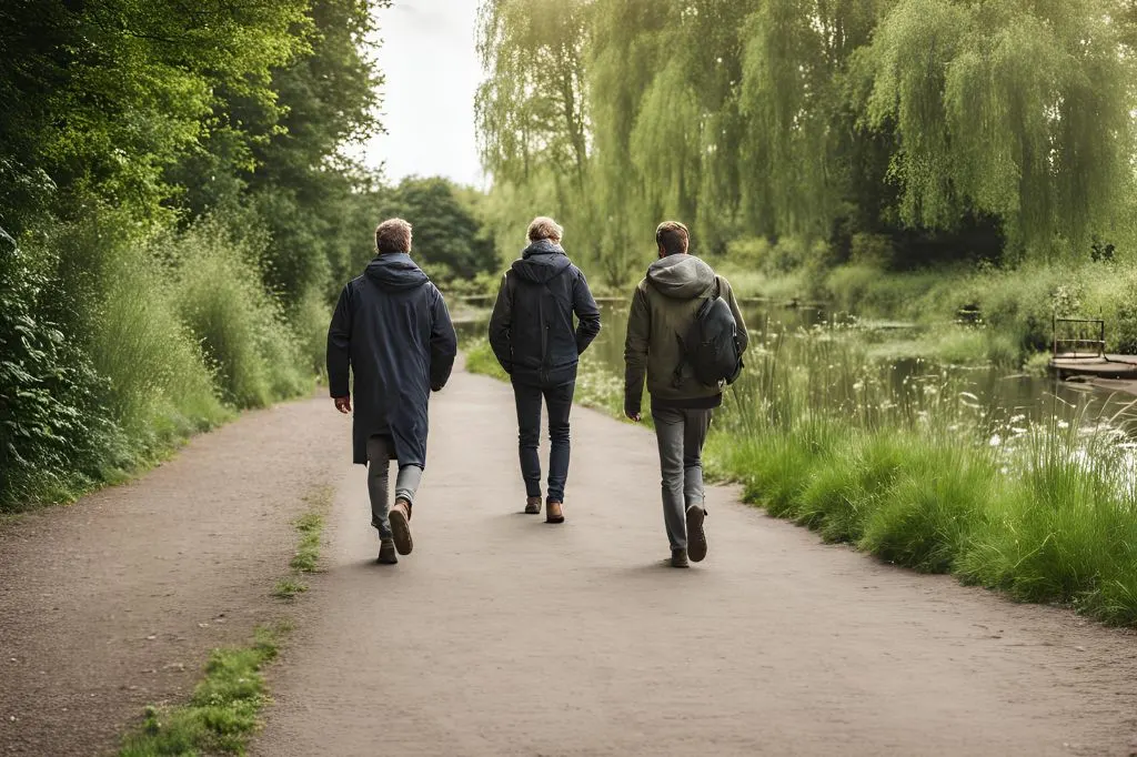 Men walking along the river