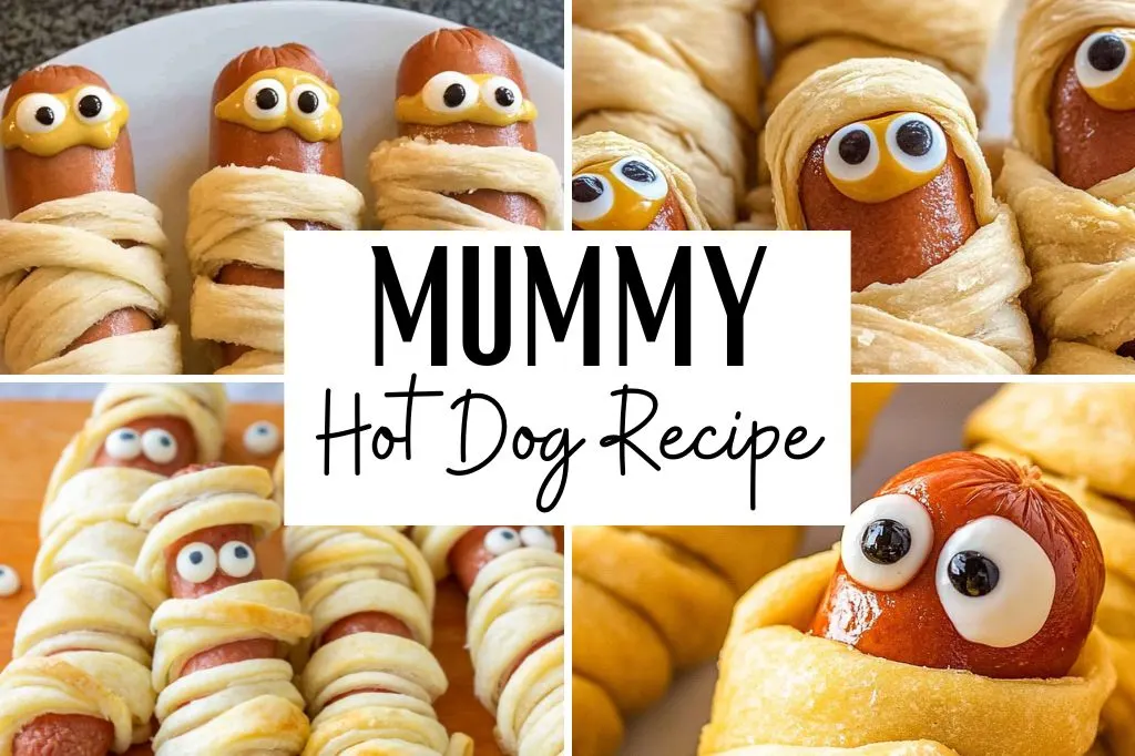 Mummy Hot Dogs are a playful Halloween snack. They combine hot dogs with flaky crescent dough, creating a spooky mummy look with edible eyes for added fun. Crescent rolls, puff pastry, air fryer, gluten free, pizza dough, easy, video, Pillsbury, cheese, pie crust, eyes, mini