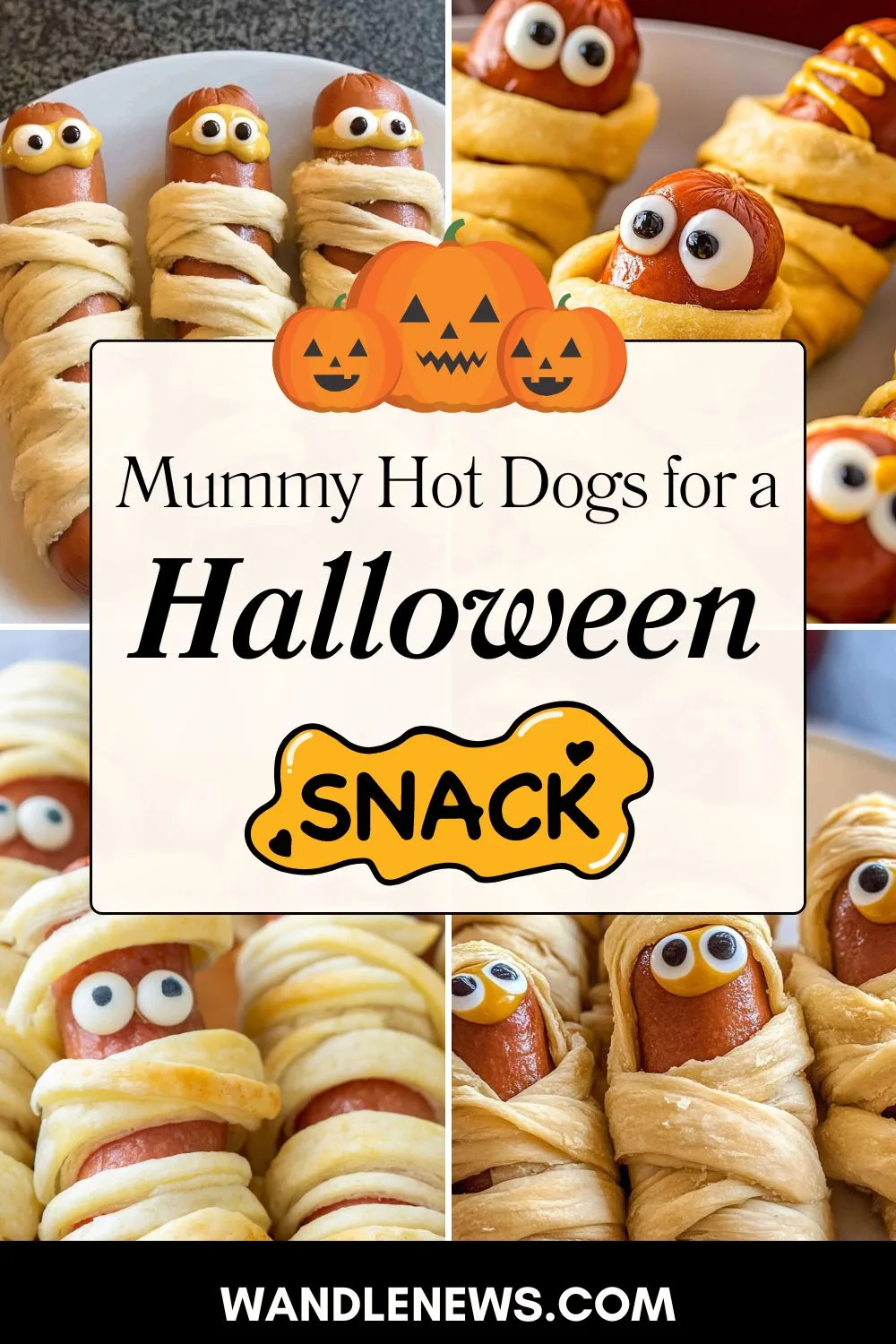 Mummy Hot Dogs are a playful Halloween snack. They combine hot dogs with flaky crescent dough, creating a spooky mummy look with edible eyes for added fun. Crescent rolls, puff pastry, air fryer, gluten free, pizza dough, easy, video, Pillsbury, cheese, pie crust, eyes, mini