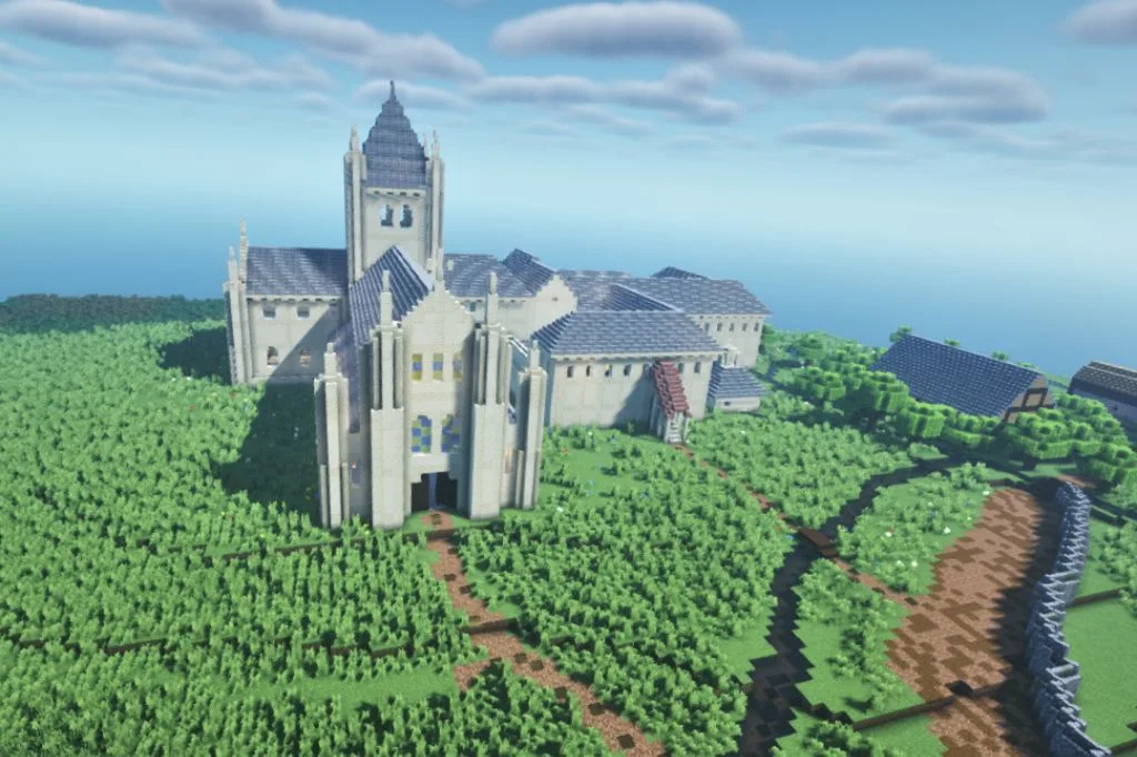 A Minecraft-style digital model of Merton Priory surrounded by green fields, showing its rural location in earlier times.