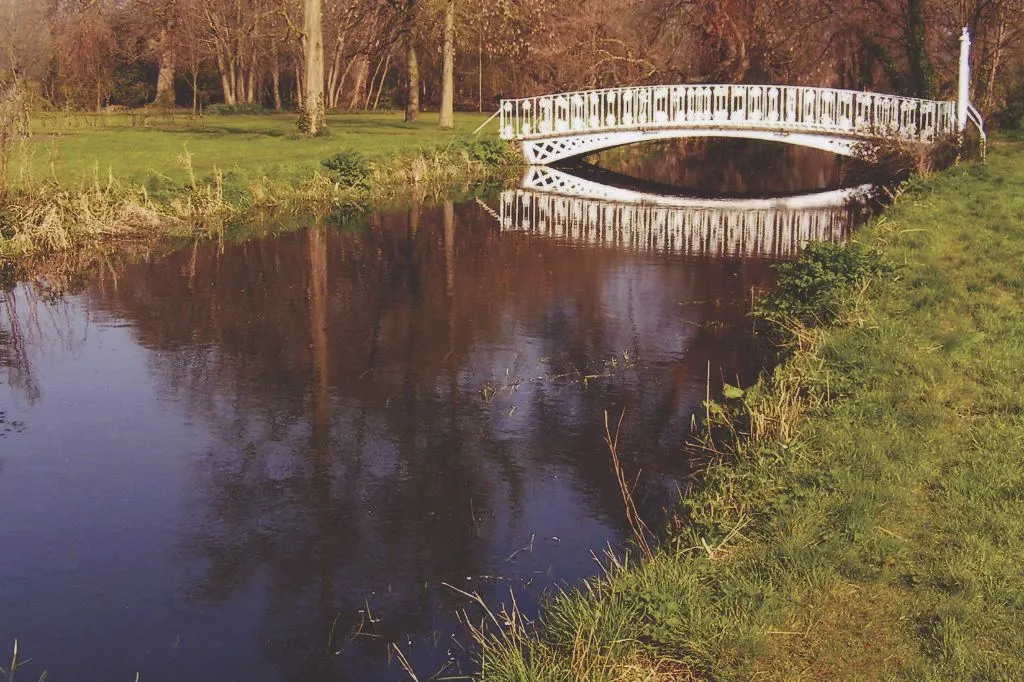 A calm stretch of the River Wandle with a white footbridge in Morden Hall Park, surrounded by grass and trees.