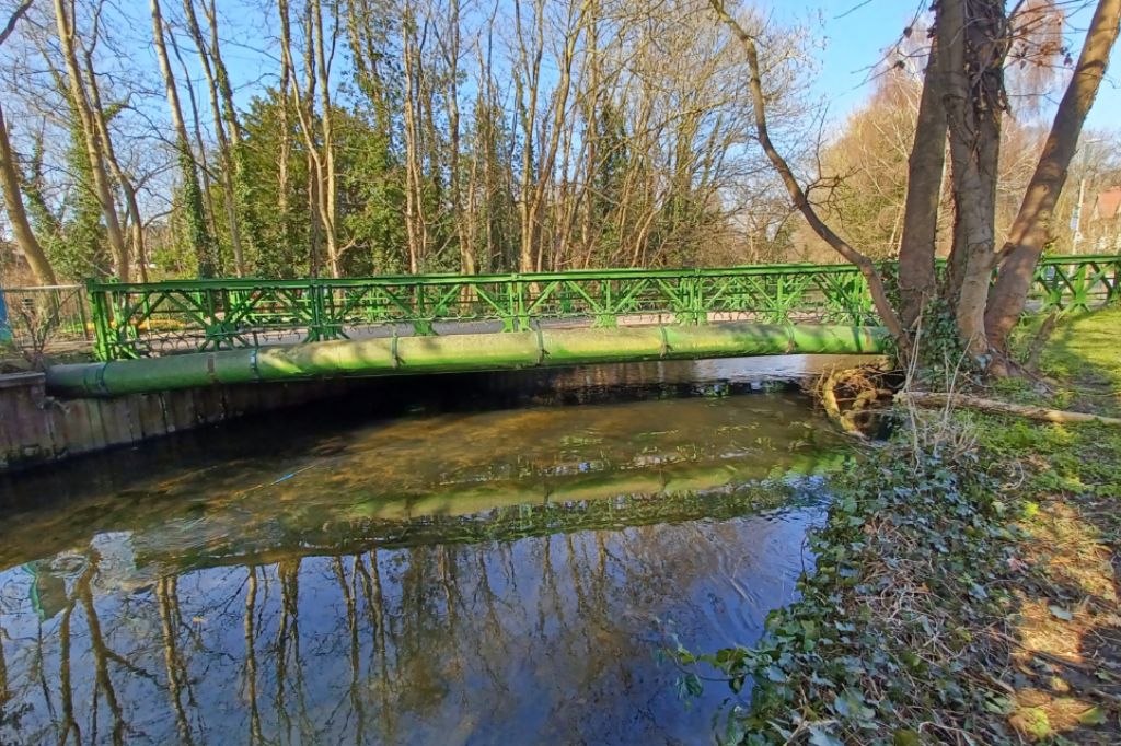 Green metal footbridge over the River Wandle with clear water below.