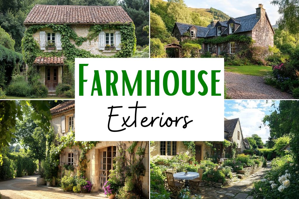 A collage of beautiful farmhouse exteriors featuring rustic stone and brick homes covered in lush greenery and ivy. The houses are surrounded by charming gardens, gravel paths, and outdoor seating areas, evoking a cozy countryside atmosphere. A bold text overlay in green and black reads "Farmhouse Exteriors," enhancing the inviting aesthetic of the image.