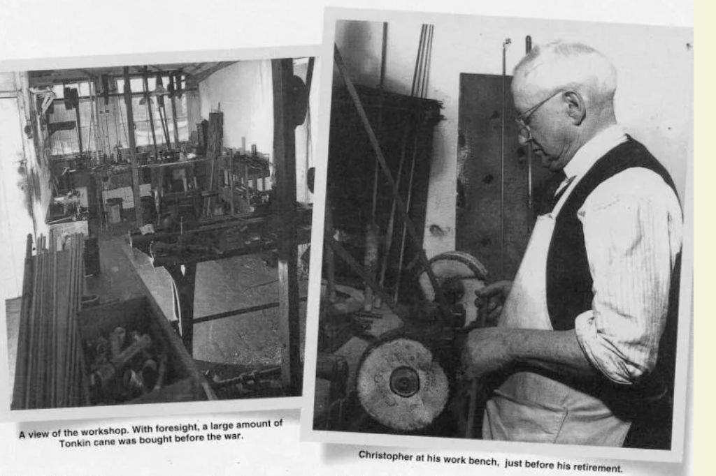 A black and white photograph showing two scenes related to fishing rod craftsmanship. The left image depicts a workshop filled with tools, wooden workbenches, and fishing rod materials. The caption notes that a large amount of Tonkin cane was purchased before the war. The right image features an elderly man, identified as Christopher, working at his bench just before retirement. He wears glasses, a white apron, and a dark vest while using a grinding machine in a well-equipped workspace.