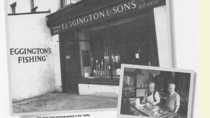 A black and white photograph of the storefront of 'E. Eggington & Sons,' a fishing tackle shop, taken in the 1960s. The sign above the entrance reads 'Fishing Rods, Reels & Tackle.' The shop window displays fishing rods and other fishing equipment. To the left of the entrance, the words 'Eggington's Fishing' are painted on the wall. An inset photo in the bottom right corner shows two elderly craftsmen, Christopher (left) and Harry, inside their shop, working at a counter with tools and materials.
