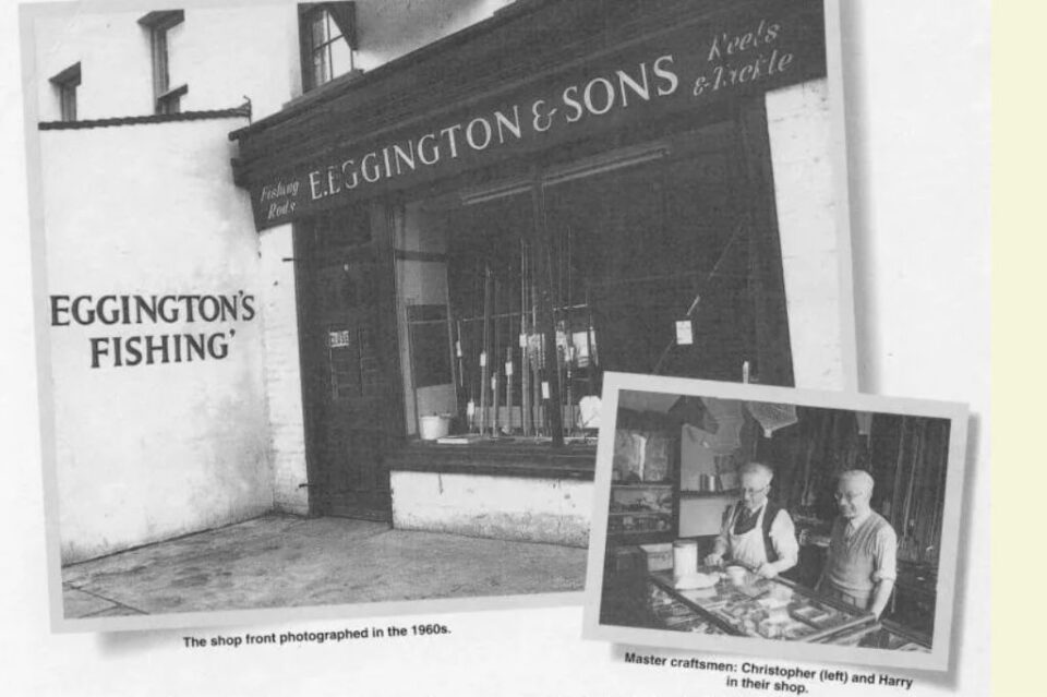 A black and white photograph of the storefront of 'E. Eggington & Sons,' a fishing tackle shop, taken in the 1960s. The sign above the entrance reads 'Fishing Rods, Reels & Tackle.' The shop window displays fishing rods and other fishing equipment. To the left of the entrance, the words 'Eggington's Fishing' are painted on the wall. An inset photo in the bottom right corner shows two elderly craftsmen, Christopher (left) and Harry, inside their shop, working at a counter with tools and materials.