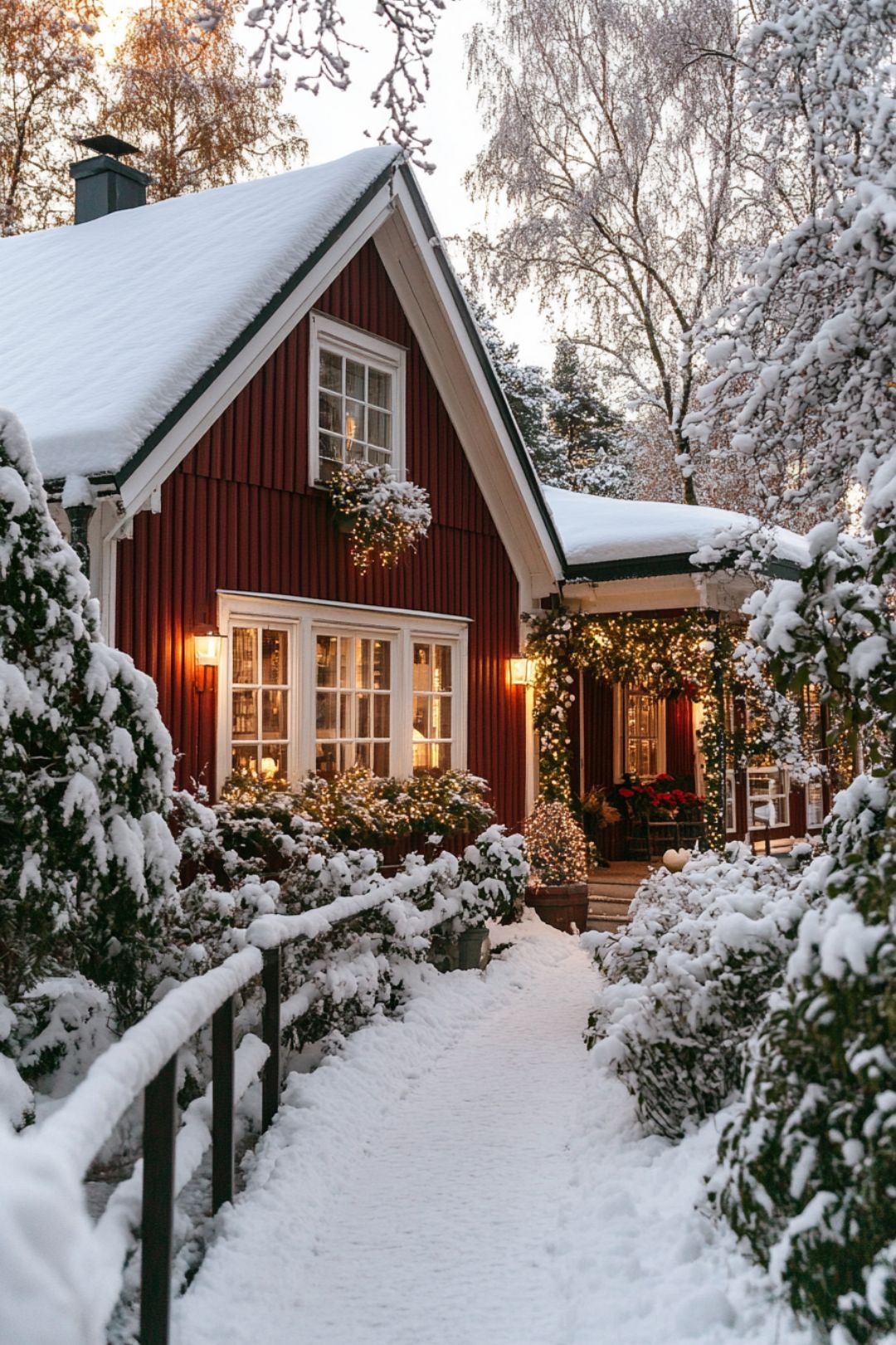 A cozy red Scandinavian-style house covered in snow, decorated with warm glowing Christmas lights. A snow-covered pathway leads to the entrance, which is adorned with garlands, twinkling lights, and festive wreaths. The windows emit a golden glow, creating a warm and inviting winter atmosphere.