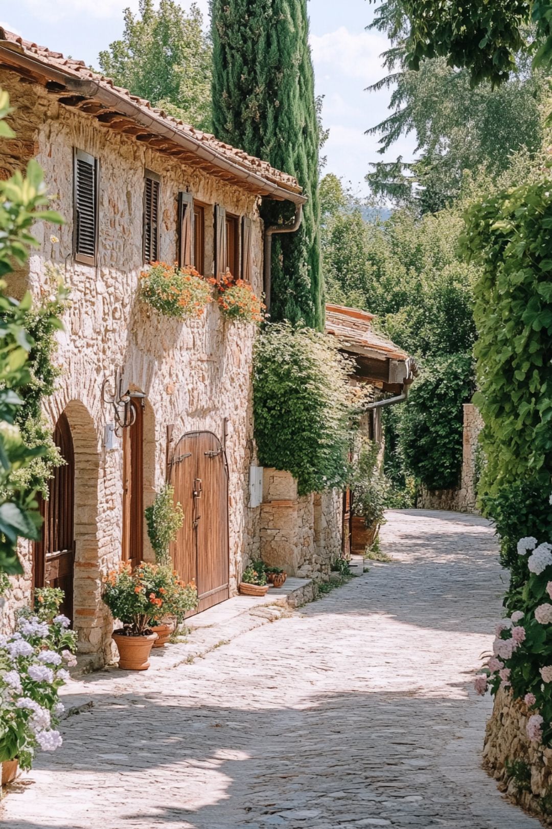A picturesque cobblestone street in a European village, lined with rustic stone houses with wooden shutters and terracotta-tiled roofs. Lush greenery and potted flowers decorate the facades, while tall cypress trees and rolling hills create a serene and timeless countryside atmosphere.