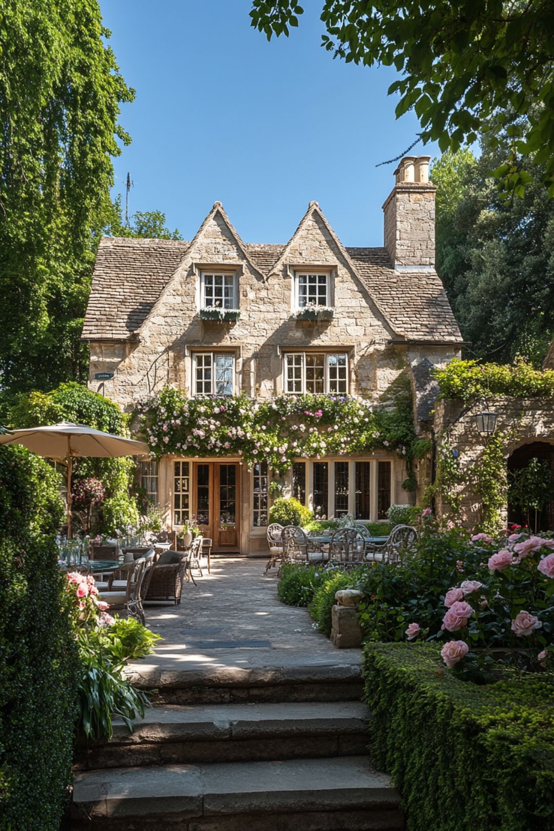 A charming English countryside stone house with a steeply pitched roof, ivy-covered walls, and dormer windows. The front facade is adorned with blooming roses, and a beautifully landscaped patio features outdoor dining tables and lounge seating, creating a cozy and elegant garden setting.