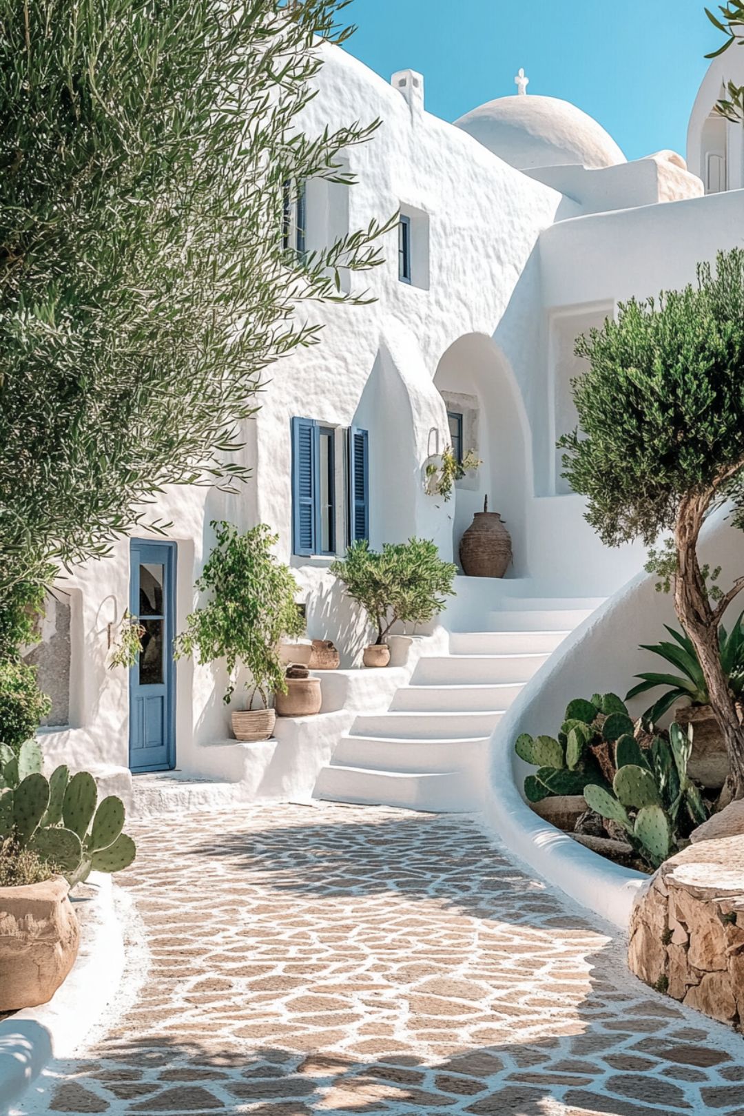 A beautiful white-washed Mediterranean home with blue doors and shutters, featuring curved staircases and arched doorways. The sunlit courtyard is decorated with terracotta pots, lush greenery, and cacti, creating a serene and picturesque Greek island atmosphere.