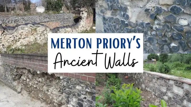 A collage of images showing Merton Priory’s ancient walls, featuring flint and stone masonry with visible damage and structural weaknesses.