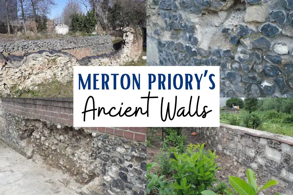 A collage of images showing Merton Priory’s ancient walls, featuring flint and stone masonry with visible damage and structural weaknesses.